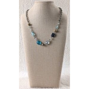 Artisan Boho Necklace Lampwork Glass Beads Blue Silver Tone Handmade Style